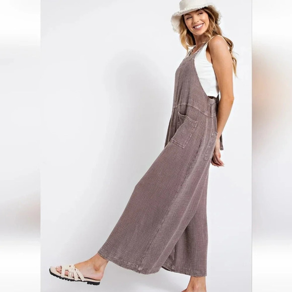 New! Easel Mushroom Washed Cotton Jumpsuit Overalls - Picture 2 of 4